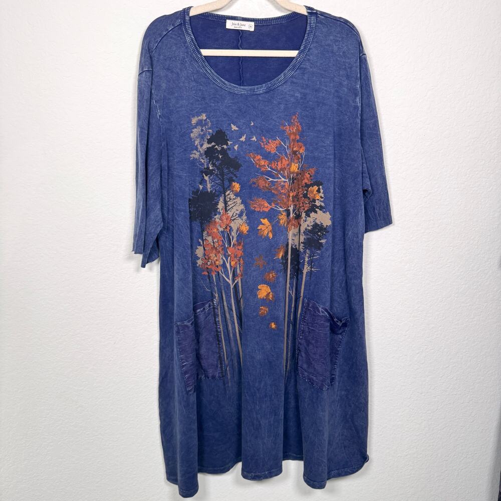 Jess & Jane Womens Flowy T Shirt Dress Size 2X Pockets Artsy 100% Cotton Blue